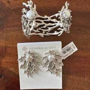 Kendra Scott Vintage Silver Coral and Pearl Earrings & Cuff Bracelet rare set